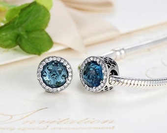 Sterling silver charm bead cubic zirconia fits pandora charms and European bracelet blue