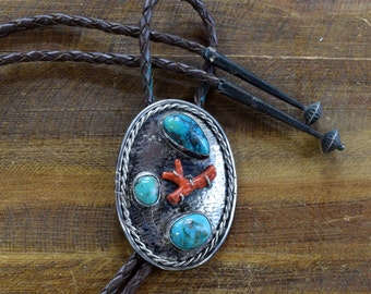 Vintage Navajo Turquoise and Coral Sterling Silver Bolo Tie