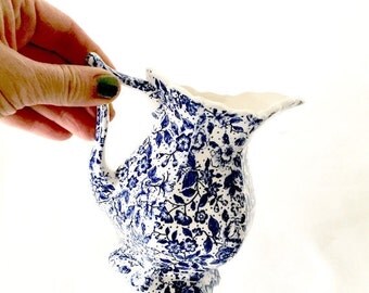 SALE chintz blue ceramic jug vintage small pitcher gravy boat sauce pitcher creamer cobalt blue kitchen decor french country farmhous