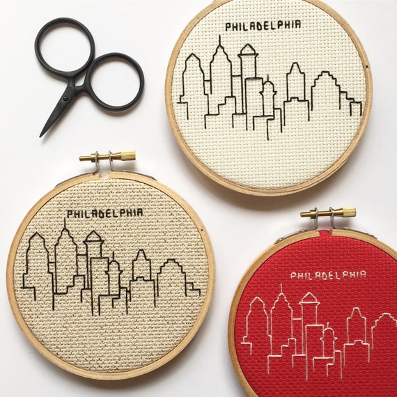 Philadelphia Skyline Cross Stitch Hoop Art Gifts for Him
