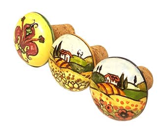 Italian Ceramic Pottery Set 3 Corks Bottle Vine Vino Decorated Tuscan Hand Painted Made in ITALY
