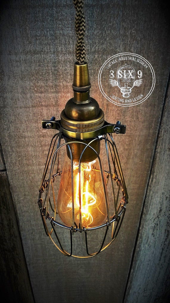 Antique Brass Pendant Light with Cage