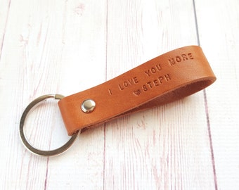 I Love You More Leather Keychain - Mens Personalized Keychain - Third Anniversary Gift for Boyfriend - Gifts for Him