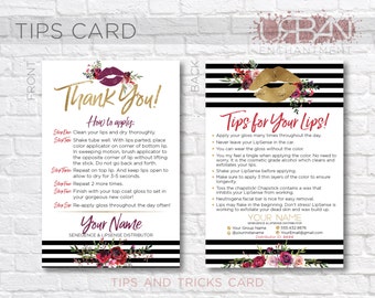 LipSense Application Card -- Striped Floral -- Thank You Card - Tips and Tricks - Tips/Tricks - Instructions - SeneGence - Business Car