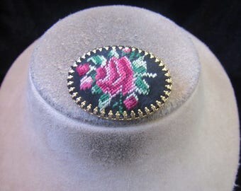 Vintage Goldtone Framed Needle Point Rose Pin