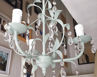 Crystal chandelier lighting, pale Duck Egg Annie Sloan chalk paint upcycled light, leafy pendant lighting fixture leaded glass crystal light