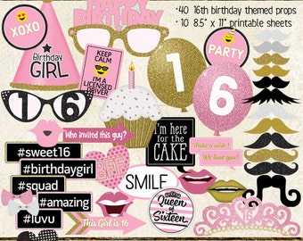 Photo Booth Props, HAPPY 16TH BIRTHDAY, printable sheets, instant download, pink, gold, sweet 16
