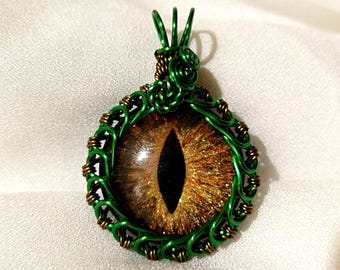 Gold Hand-Painted Dragon Eye Pendant w/Green and Brass Wire Wrap (with Necklace)