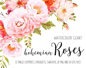 Roses watercolor clip art, Flower clipart, Watercolor bundle, Roses clipart, Bohemian roses, Roses bouquets, Flower boho, Bohemian
