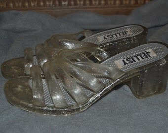 Vintage 90s Glittery Clear Platform Jelly Sandals by Jellisy Size 7 1/2-8