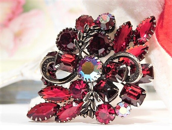 Mid Century Rhinestone Brooch Ruby Red Glass Rhinestone Brooch Vintage Hollywood Glam AB Aurora Borealis 1950s 1960s Rhinestone Brooch