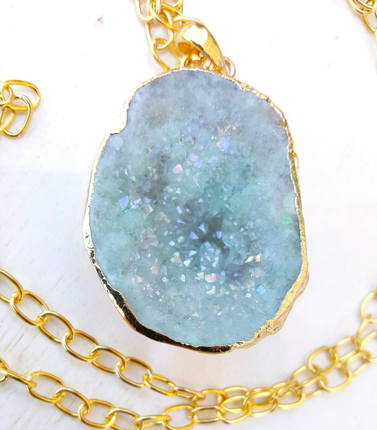 Druzy crystal Geode pendant necklace mint green gold tone