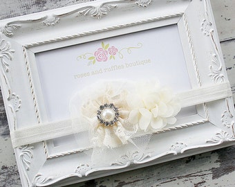 Vintage Antique White Baby Headband, Ivory Headband, Newborn Headband, Flower Girl Headband, Baby Photo Prop, Toddler Headband