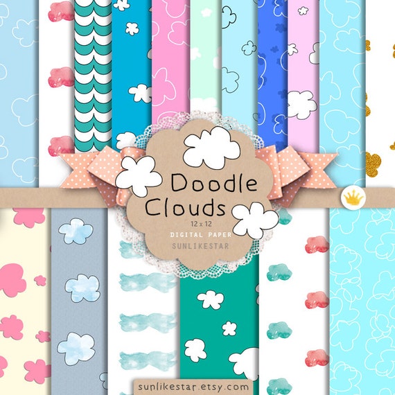Cloud Digital Scrapbook Paper Pack Cute Doodle Printable