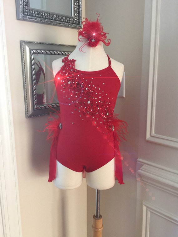 Red Custom Dance Costume with Feathers