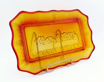 Vintage Last Supper Serving Plate Tray - Amberina Indiana Glass Mid Century Modern Plate