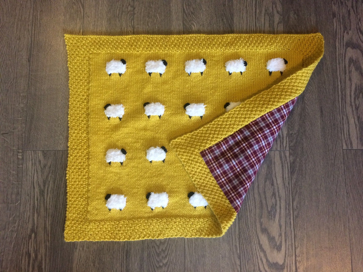 MADE TO ORDER Reversible Sheep Baby Blanket Handknit Fuzzy