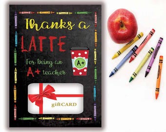 Teacher Gift, Printable Gift Card Holder, Thanks a Latte, Gift Card holder, Instant Download, Starbucks gift card, Teacher Appreciation Gift