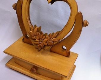 Handmade Wooden Large Dressing Table/ Hand Carved/ Heart Shaped Mirror/ Carved Flowers/ Jewellery Box with Drawer