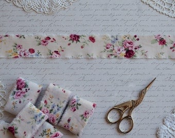 Set of 2pc Hand Torn Edge Cotton Ribbon, Shabby Style Gift Wrap Ribbon, Vintage Roses Ribbon, Trimming, Frayed Edge