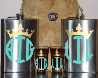 Big/Little Stainless Steel Flask & Shotglass Set - Sorority Flask - 12. Oz Stainless Steek Flask Set - Shotglass Set