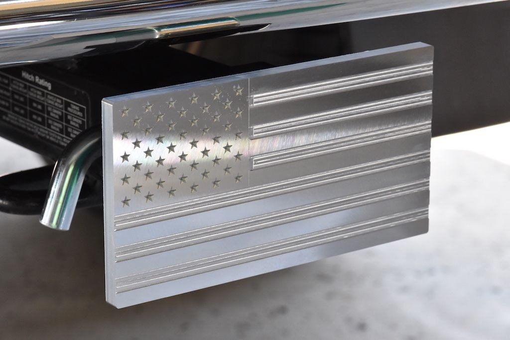 American Flag Trailer Hitch Cover For 2 Inch Receivers - Chrome & Thin Red Line, With Hitch Pin & Clip - View #2