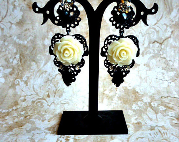 Black Milk Ivory White Roses Earrings Baroque Dangle Drop Filigree Black Earrings Jewelry Gift Gor Her Gothic Girl Cocktail Chandeliers