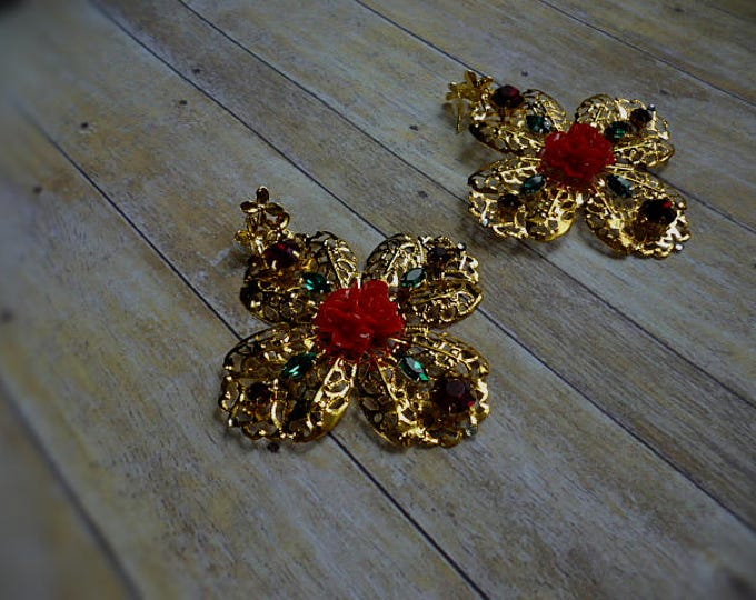italian earrings Gold Dolce Red Green Cross Flower Earrings Filigree Wedding Dangle Earrings Baroque dangling earrings Bridal Jewelry luxury