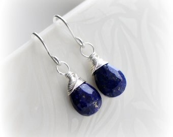 Lapis Lazuli Earrings Sterling Silver, Small Lapis Earrings, Navy Blue Earrings, Lapis Dangle Earrings, Gift for Her, Handmade by Blissaria