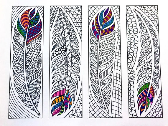 Feather Bookmarks PDF Zentangle Coloring Page