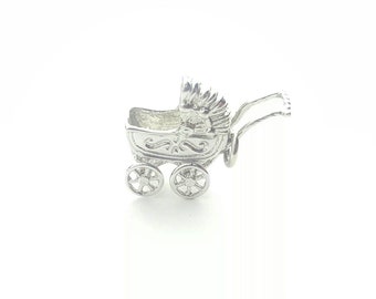 Detailed Vintage Silver Alloy Dimensional Baby Carriage Old Fashion Stroller Charm