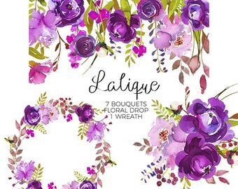 Purple Peonies Roses Clipart Watercolor Floral Bouquets Violet Flower Clip Art Set Digital Floral Elements DIY Invitation Frames Digital Art
