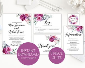 Wedding Invitation Template, Purple Wedding Invitation, Wedding Invitation Printable, Wedding Invitation Suite, Instant Download, Purple Set