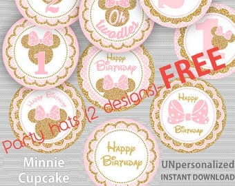 Pink and Gold Minnie Mouse Cupcake toppers, Glitter Cake Toppers, Decorations Birthday Printables, Minnie party printable Printable DIY