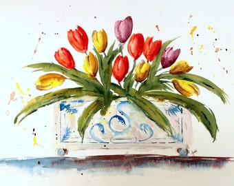 Original watercolor PRINT , tulip bunch in planter, watercolor tulips, watercolor wall hanging, spring tulips