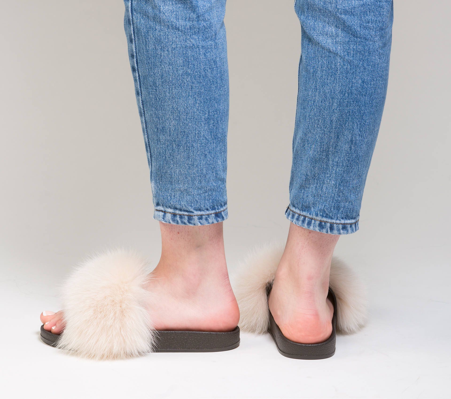 Real Fox Fur Slides Cream Fluffy Slides Rubber Fur Sandals