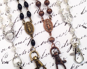 Decade rosary lanyards, silver, copper, brass, pearl