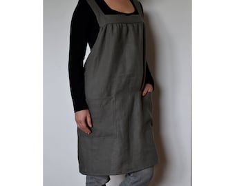 Linen apron, linen woman apron, artist smock, pinafore, square cross linen apron, japanese apron, artist apron, plus size apron,womens apron
