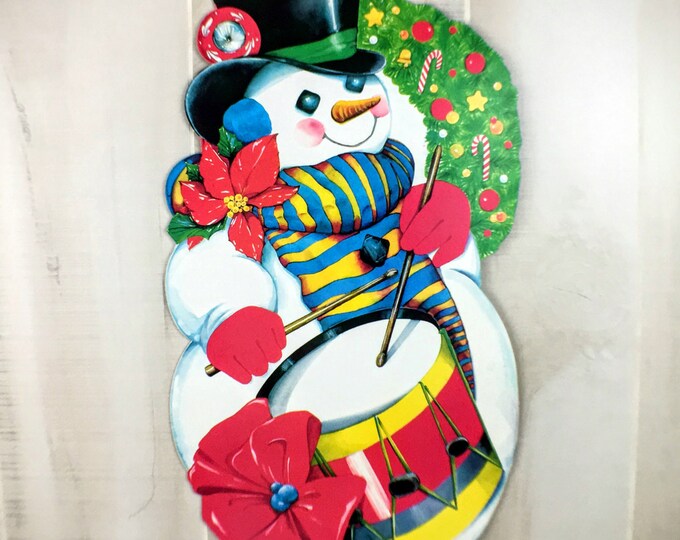 Vintage Die Cut Paper Holiday Snowman Ephemera Cut Out Christmas Wall or Window Decoration