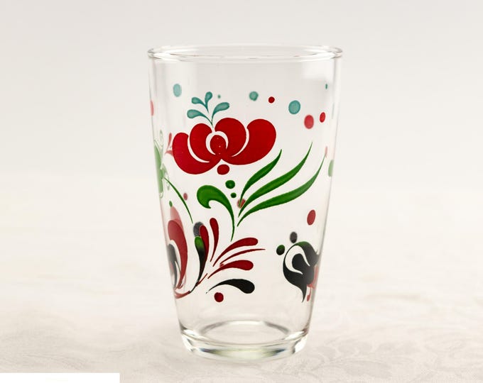 Vintage Glass Tumblers | 12 Oz PA Dutch Style Folk Art Glasses | Set of 7