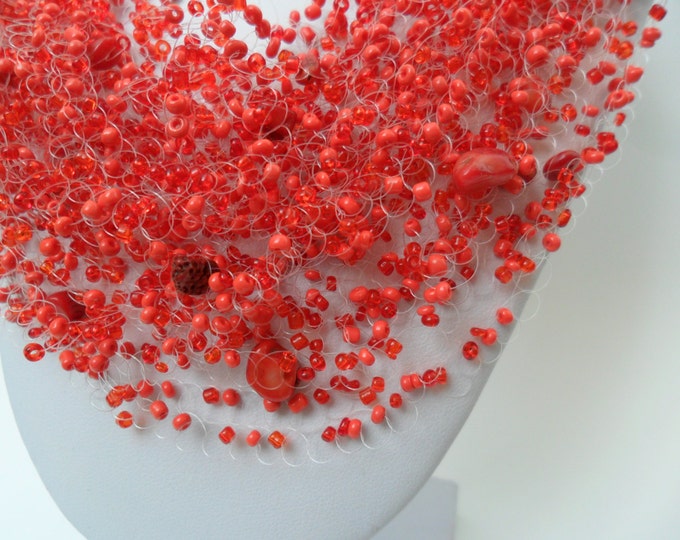 Red coral stone airy necklace crochet casual statement multistrand everyday cobweb natural stone casual romantic gentle gemstone bridesmaid