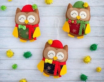 Christmas tree ornaments Cute gifts Owl decor Christmas owls Coworker gift for Christmas Wall decor Xmas gift idea Christmas decoration felt