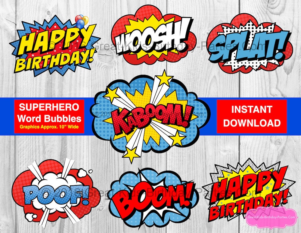 SUPERHERO WORD BUBBLES Superhero Printables Superhero Party