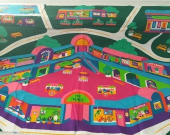 Shopping Mall Roadway Play Mat with Wooden Cars (Vintage Print)