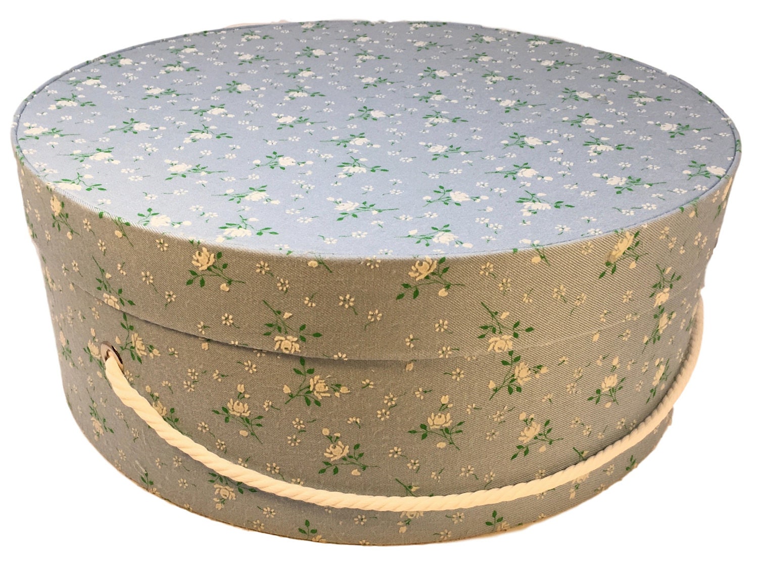 Extra Large Hat Box in Vintage Blue Flocked Floral Round Box
