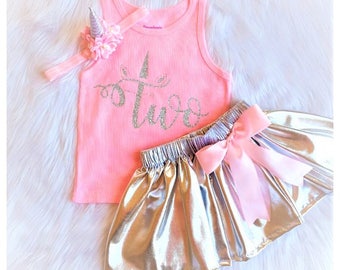 Unicorn 2nd Birthday tutu outfit,2nd Birthday Outfit Girl,pink and silver 2nd Birthday,Girls 2nd Birthday Outfit Unicorn,TWO tutu set,two