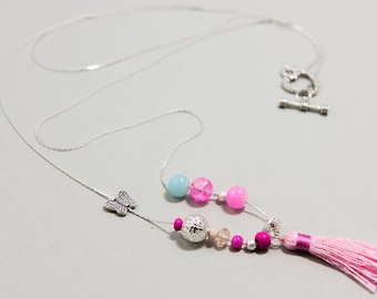 Necklace Long Multi Row Pompon Ethnic Romantic "Acidulous" pink Fuschia and Silver