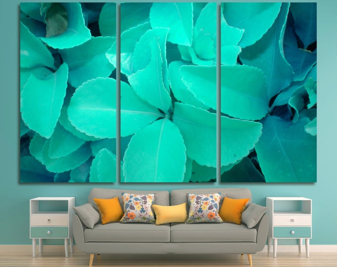 Teal leaves photography modern wall art print on canvas, turquoise leaf plant print nature photography large green wall art on canvas decor