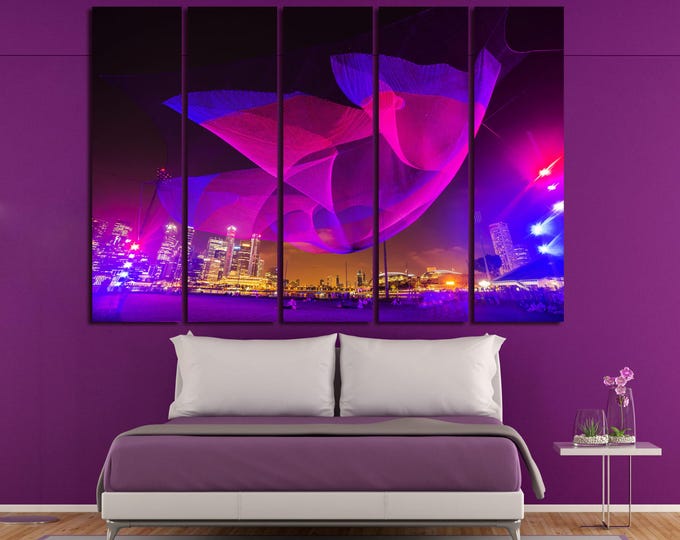 Light panorama in Singapore, Large Abstract Night city photo canvas print, esplanade night, modern art canvas