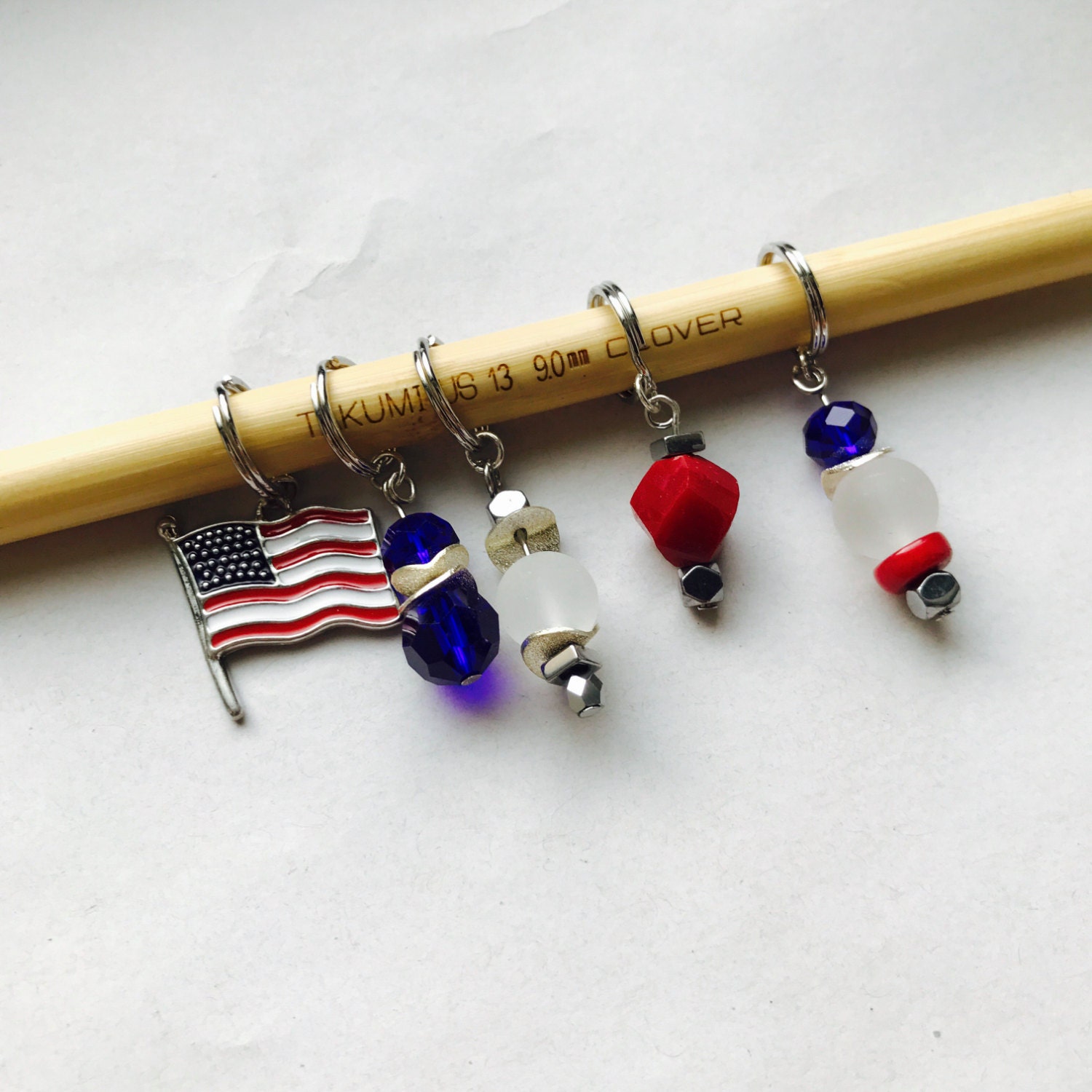 Handmade beaded Stitch markers for knitting Patriotic theme